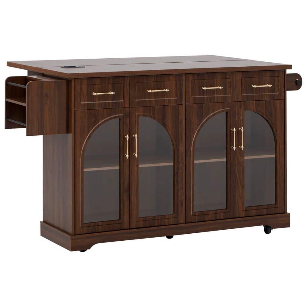 Brown Wood 65 in. Rolling Kitchen Island with Drop Leaf, Arched Glass Doors, Power Outlet, Adjustable Shelves, 4 Drawers