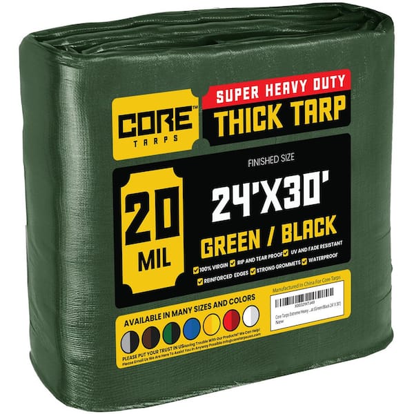 CORE TARPS 24 ft. x 30 ft. Green/Black 20 Mil Heavy Duty Polyethylene Tarp, Waterproof, UV Resistant, Rip and Tear Proof