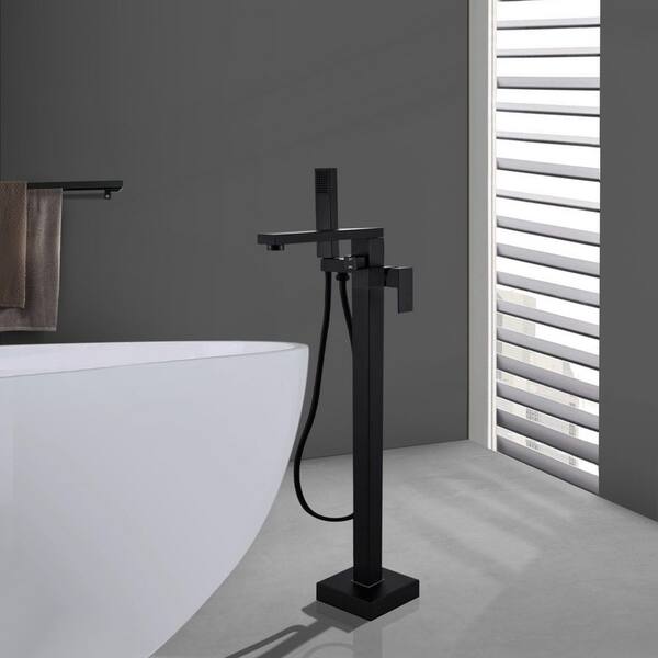 Single-Handle High Flow Floor Mount Freestanding Tub Faucet with Hand Shower in Matte Black