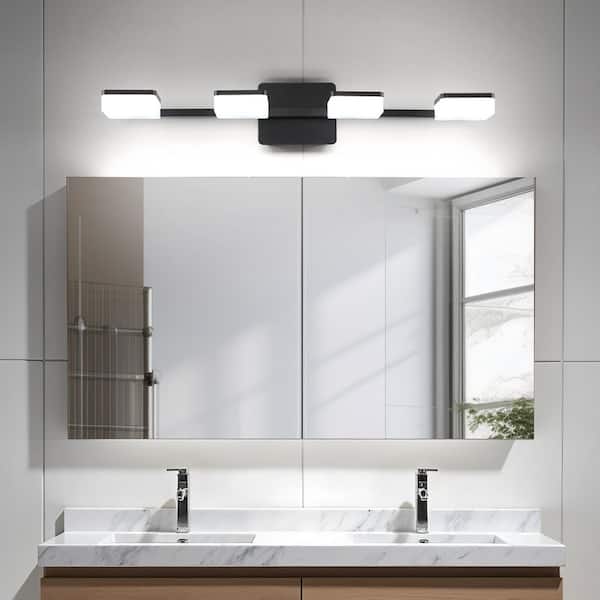 27.36 in. 4-Light Black LED Vanity Light with Dimmable 5500K Light and 350° Swivel Range Acrylic Lampshade