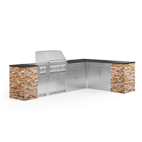 NewAge Products Signature Series Stainless Steel 11-Piece L Shape Outdoor Kitchen Cabinet Set with Natural Gas Platinum 33 in. Grill