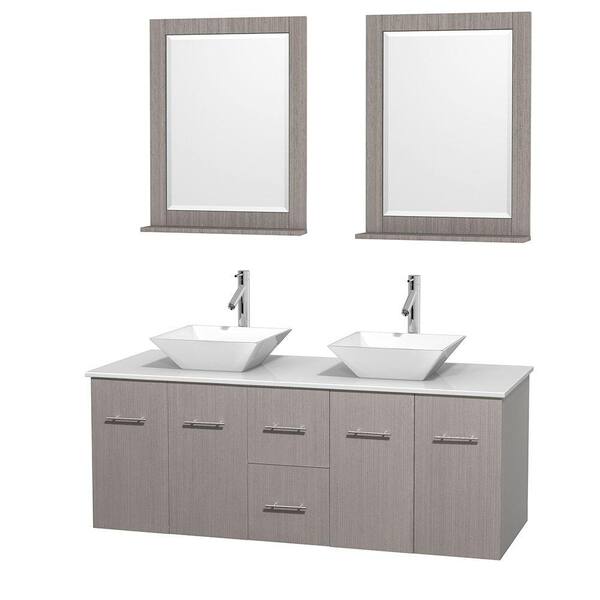 Wyndham Collection Centra 60 in. Double Vanity in Gray Oak with Solid-Surface Vanity Top in White, Porcelain Sinks and 24 in. Mirror