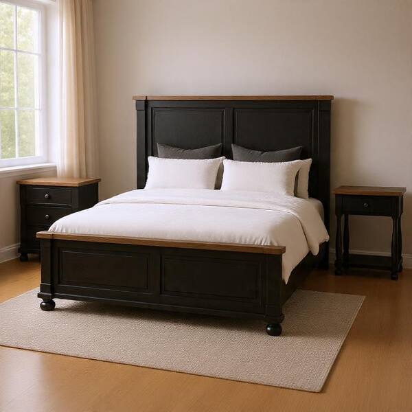 Benjara 3-Piece Black, Oak Brown and Pewter Wood Queen Bedroom Set