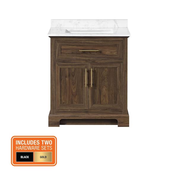 Doveton 30 in. Single Sink Dark Walnut Bath Vanity with White Engineered Marble Top (Assembled)
