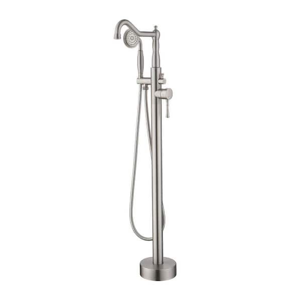 Unbranded 1-Handle Freestanding Floor Mount Tub Faucet Bathtub Filler with Hand Shower in Brushed Nickel