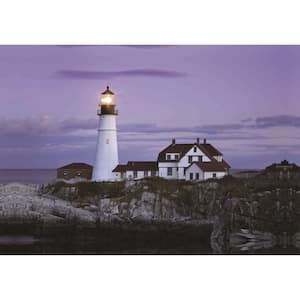 15.75 in. x 23.5 in. LED Lighted Coastal Lighthouse Home with Purple Sunset Canvas Wall Art