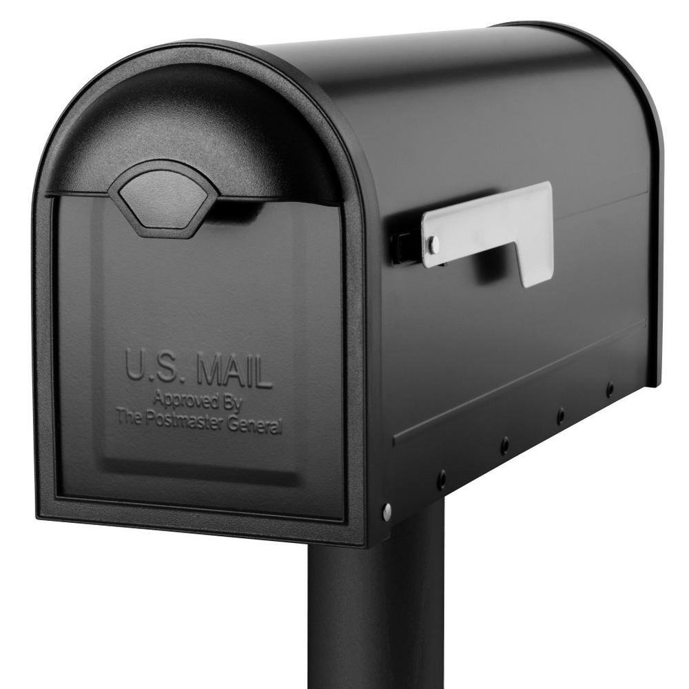 Winston Black Galvanized Steel Post Mount Mailbox with Nickel Flag