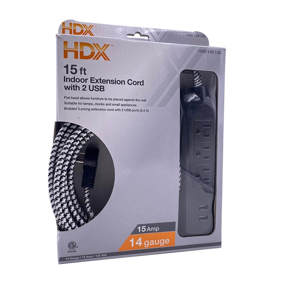 Reviews For Hdx Ft Light Duty Indoor Braided Extension Cord With Usb A And Outlets