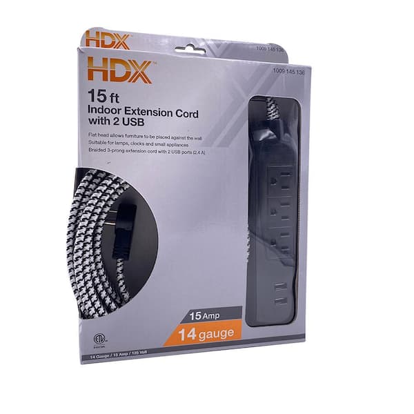 HDX 15 ft. 14/3 Light Duty Indoor Braided Extension Cord with 2 USB-A and 3 Outlets, Black/White