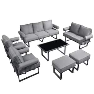 Teton Grand Gray 7-Piece Aluminum Outdoor Patio Conversation Sofa Set with Solid Gray Cushions