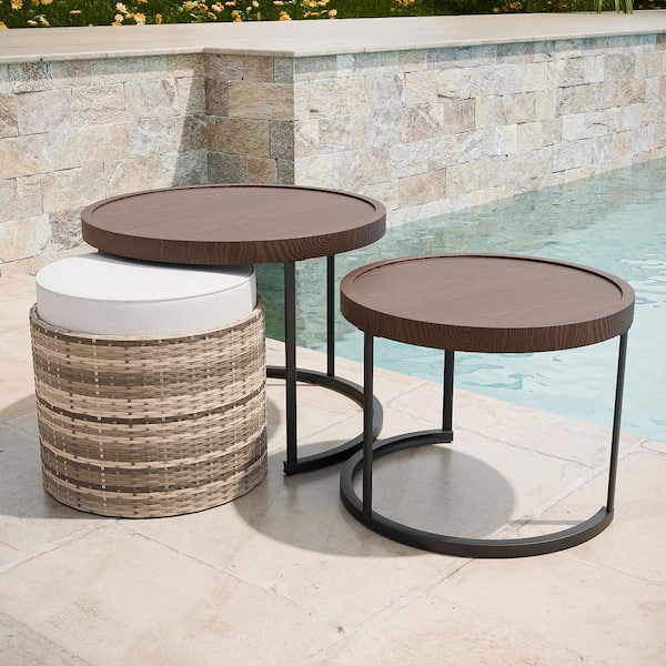3-Piece Dia 22. 8 in. Brown Modern Round Metal Top Nesting End Table and Wicker Ottoman with Beige Cushion