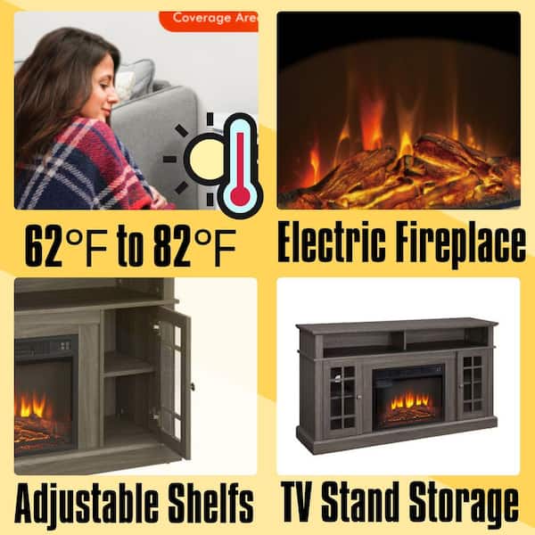 58 in. Freestanding Classic TV Stand Entertainment Console 23 in. Fireplace Insert TV Up to 65 in., Black + Dark Walnut