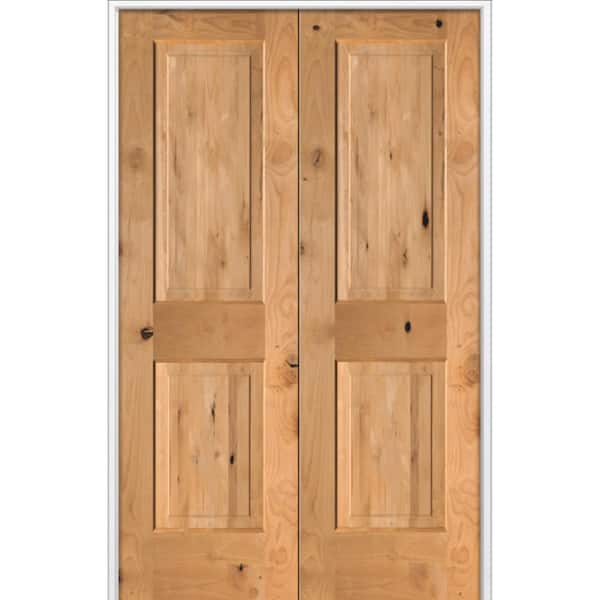 56 in. x 80 in. Rustic Knotty Alder 2-Panel Universal Solid Core BEHR Cedar Stain Wood Double Prehung Interior Door