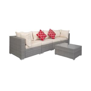 Jazzy 5-Piece Wicker Outdoor Sectional with Ivory Cushion and Pillow