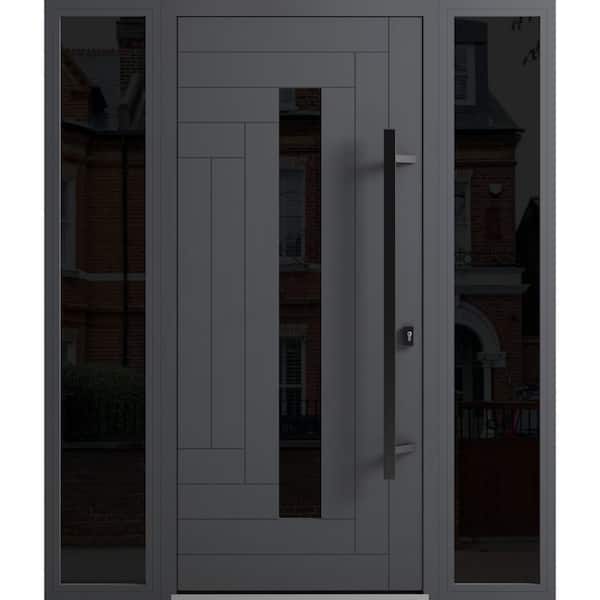 VDOMDOORS 0130 60 in. x 80 in. Left-hand/Inswing 2 Sidelights Tinted Glass Grey Steel Prehung Front Door with Hardware