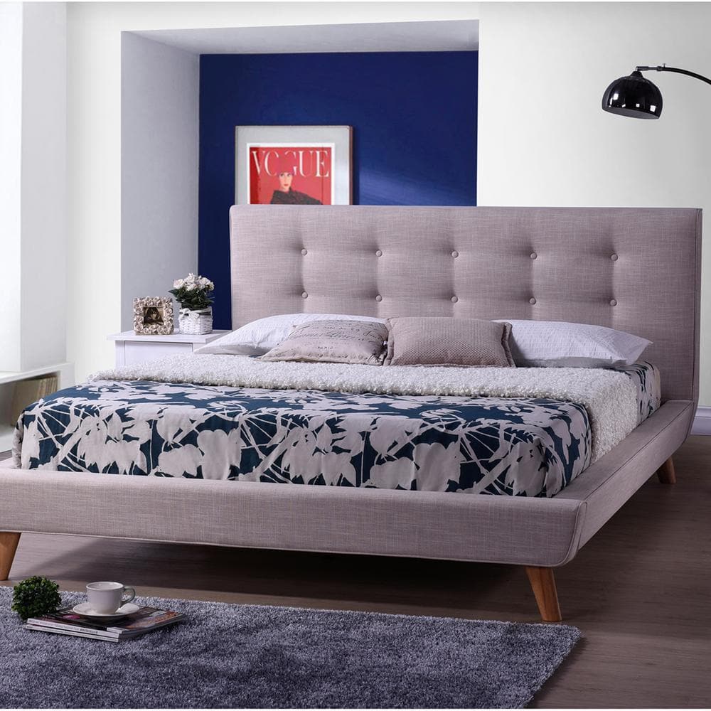 Scandinavian Mid-Century King Platform Bed in Beige Linen