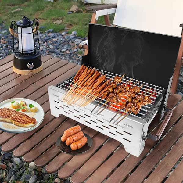 YIYIBYUS Portable Charcoal Grill in Silver Stainless Steel Outdoor