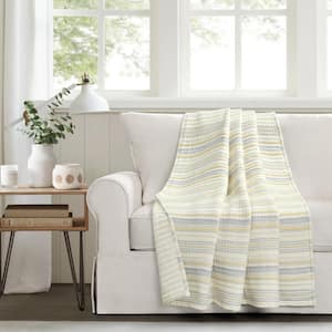 50 in. x 60 in. Solange Stripe Kantha Pick Stitch Yarn Dyed Cotton Woven Throw Yellow/Gray Single