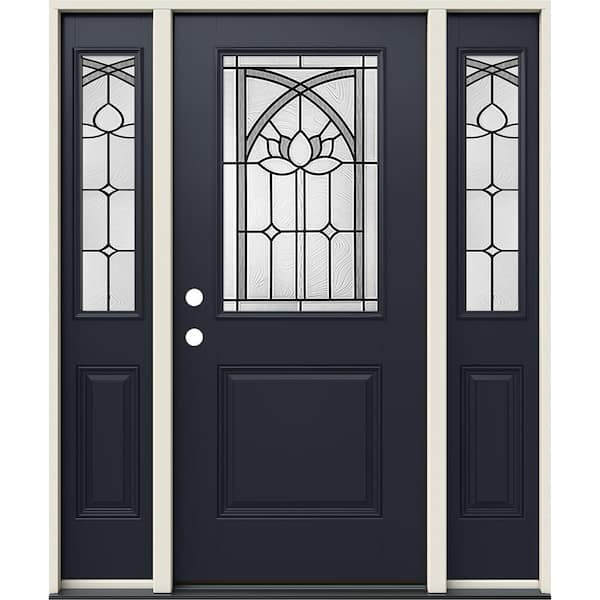JELD-WEN 60 in. x 80 in. Right-Hand 1/2 Lite Ardsley Decorative Glass Black Fiberglass Prehung Front Door w/Sidelites