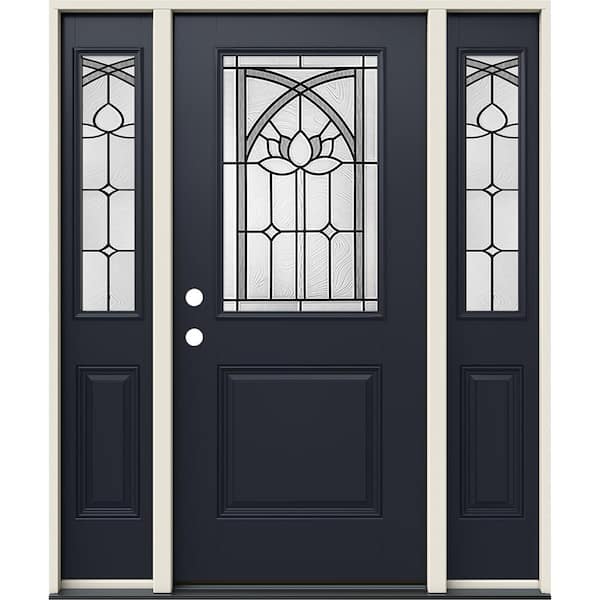 60 in. x 80 in. Right-Hand 1/2 Lite Ardsley Decorative Glass Black Fiberglass Prehung Front Door w/Sidelites