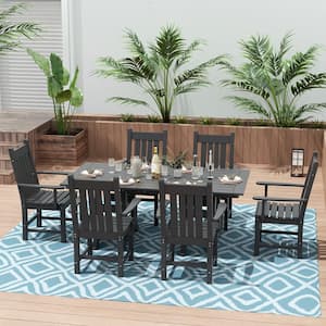 Hayes 7-Piece HDPE Plastic All Weather Outdoor Patio Trestle Table Dining Set with Armchairs in Gray