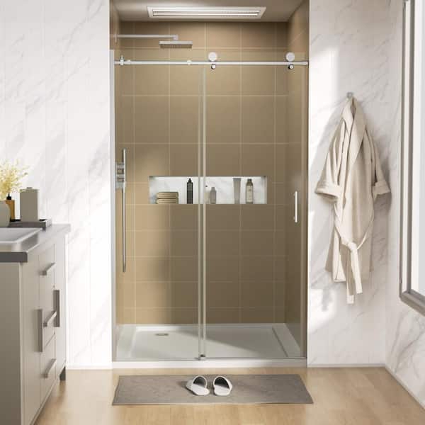 48 in. W x 76 in. H Single Sliding Frameless Shower Door/Enclosure in Chrome with Clear Glass