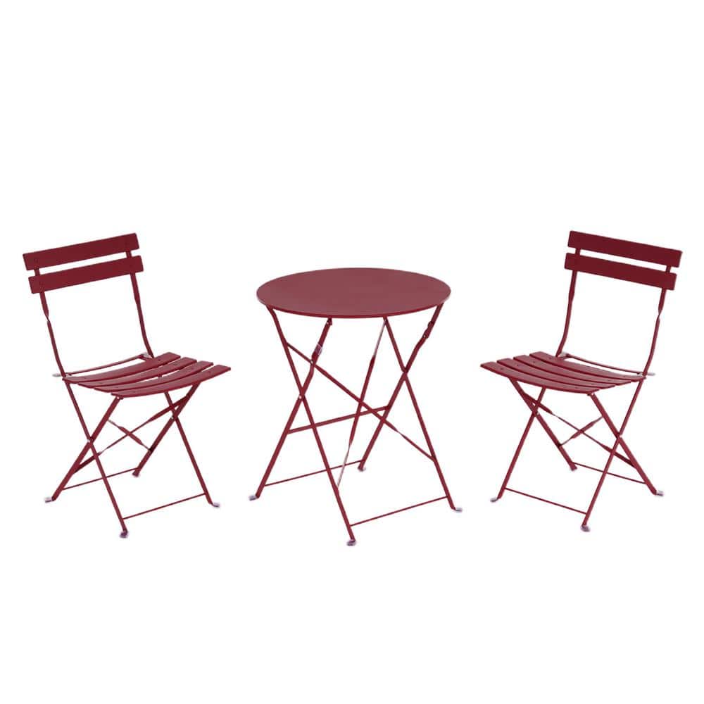 Red Folding 3-Piece Metal Outdoor Bistro Set for Patio and Yard