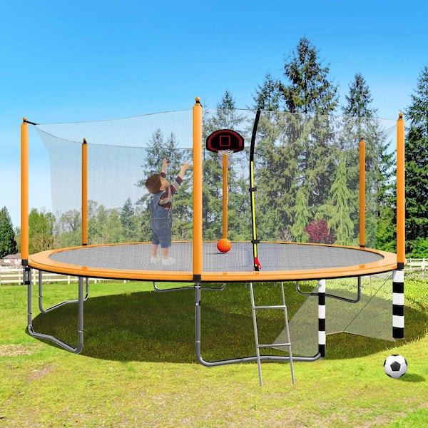 16 ft. Large Trampoline with Enclosure and Basketball Hoop in Orange