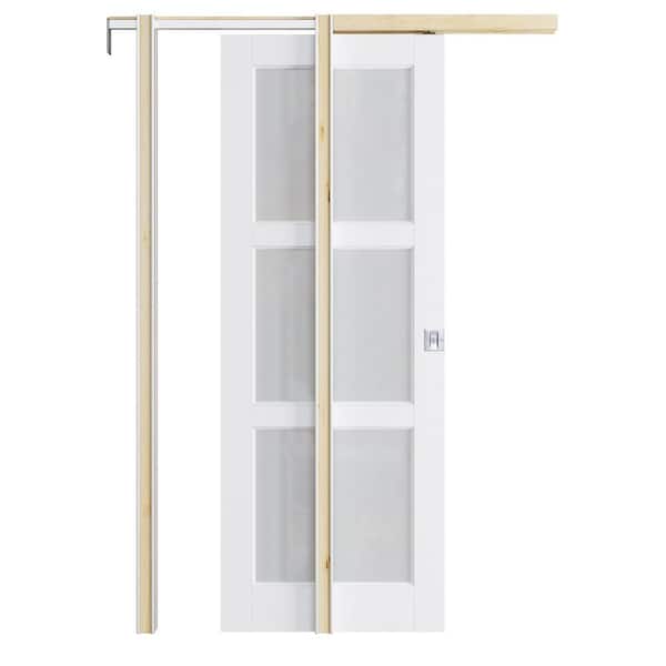 30 in. x 80 in. 3-Lite Glass White Primed Wood Sliding Pocket Door with Hardware Kit (Soft Close and Silver Lock Incl)