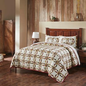 Custom House 3-Piece Dark Creme Country Red Golden Yellow Wedding Rings Cotton King Quilt Set