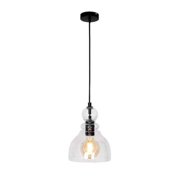 UMEILUCE 1-Light Black Modern Mini-Pendant Light for Kitchen Island Bar with Seededs Glass Shade