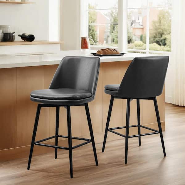 Spruce & Spring Cecily 27 in. Black High Back Metal Swivel Counter Stool with Faux Leather Seat (Set of 2)