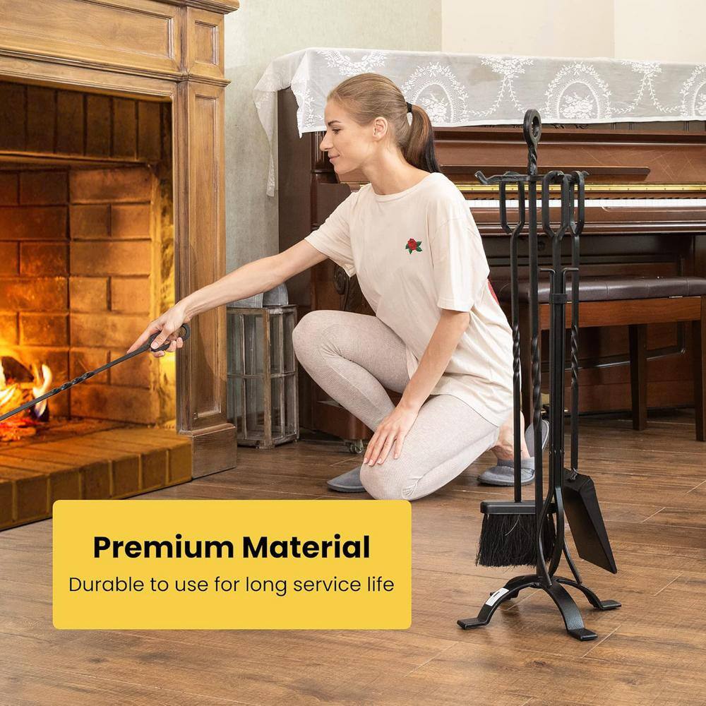 Modern Black Wrought Iron 5-Piece Fireplace Tool Set