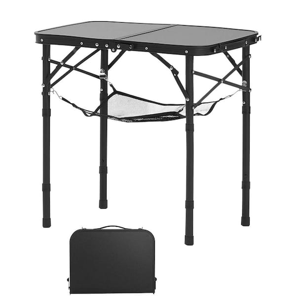 Folding Camping Table Adjustable Height Portable Side Table Aluminum MDF Mesh Layer Carry Handle BBQ 24 x 16 in.