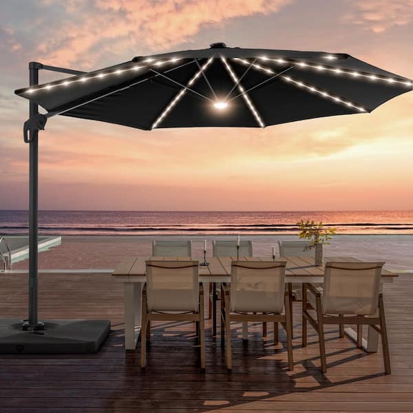 11FT Round Aluminum Frame Outdoor Cantilever LED Umbrella Patio Umbrella 360° Rotation System, Black