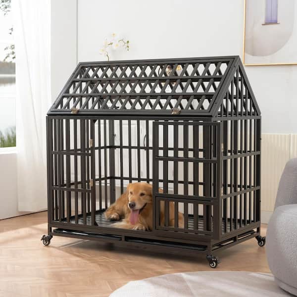 Heavy Duty Carbon Steel Dog Cage Pet Crate with Roof and Window on Roof, Black