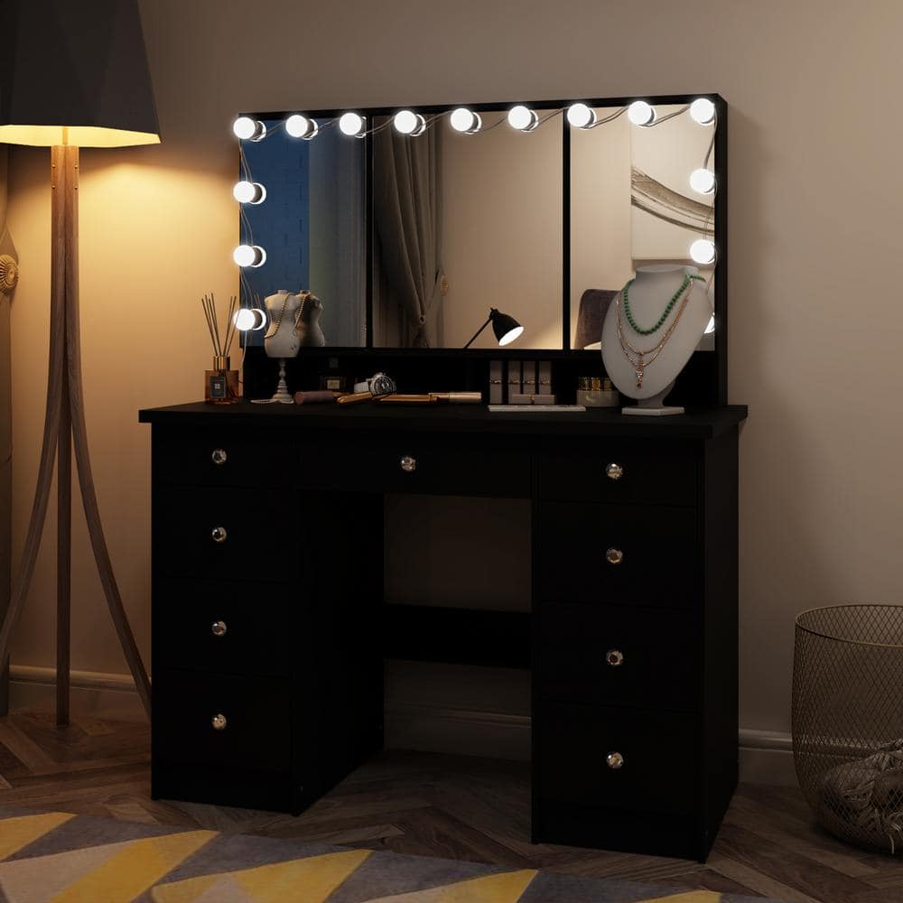 Black Modern Makeup Vanity Desk 9-Drawers Wood Dressing Table With 3-Mirrors, Hidden Storage Shelves, LED Bulb Lights - thumbnail 9