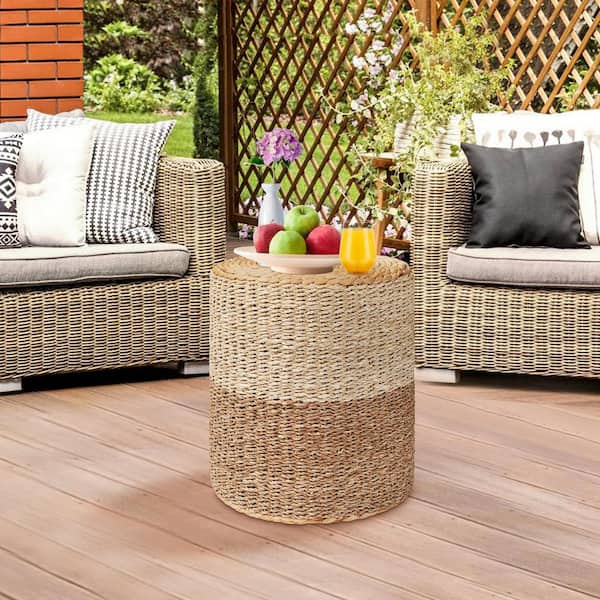 JAZAVA 16 in. H Natural Dual Brown H and Woven Seagrass Filled Round Pouf