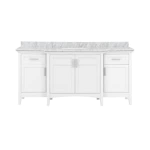 Sassy 72 in. W Bath Vanity in White with Marble Vanity Top in Carrara with white Basin