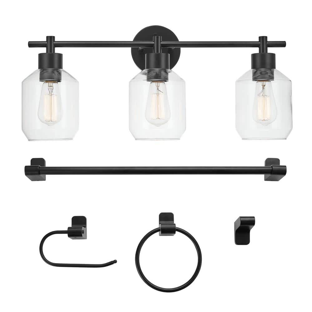 Cannes 24.25 in. 3-Light Matte Black Vanity Light with Clear Glass Shades a