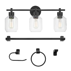 Cannes 24.25 in. 3-Light Matte Black Vanity Light with Clear Glass Shades and 4-Piece Bath Set