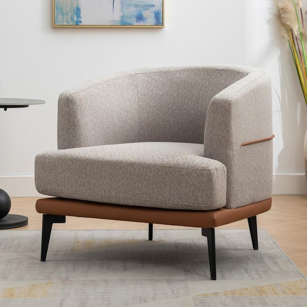 Harper & Bright Designs Tan and Burnt Orange Linen and PU Leather Upholstered Accent Chair, Barrel Chair with Sturdy Metal Legs, Plywood Frame
