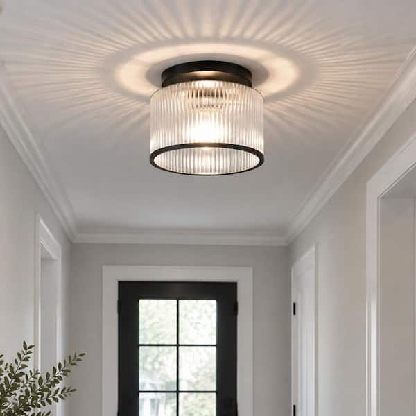 10 in. 1-Light Drum Matte Black Semi-Flush Mount Ceiling Light with Ribbed Glass Shade for Hallway Foyer