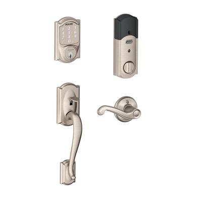 Camelot Satin Nickel Sense Smart Door Lock with Right Handed Flair Lever Door Handleset