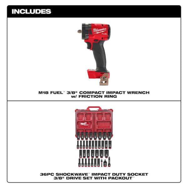 M18 FUEL GEN-3 18V 3/8 in. Compact Impact Wrench (Tool Only) with 36-Pc 3/8 in. PACKOUT Socket Set
