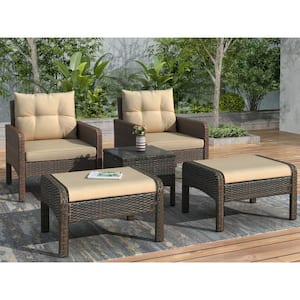 Brown 5-Piece Wicker Patio Conversation Set with Coffee Brown Cushions