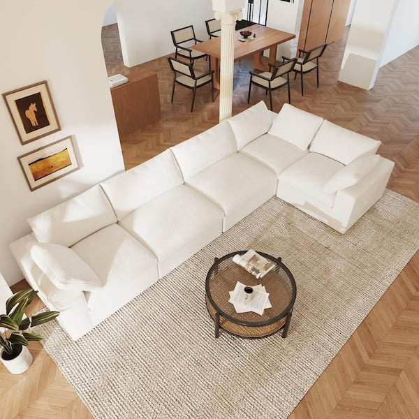 U-shaped 118 in. Square Arm Down Filled Linen 5-Piece Cloud Modular Sectional Sofa Couch in White with Removable Covers