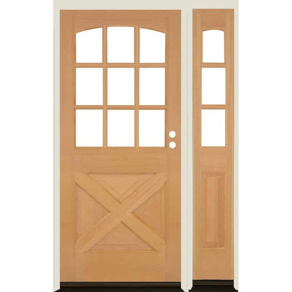 Krosswood Doors 50 in. x 80 in. Farmhouse X Panel LH 1/2 Lite Clear Glass Unfinished Hemlock Wood Prehung Front Door with RSL