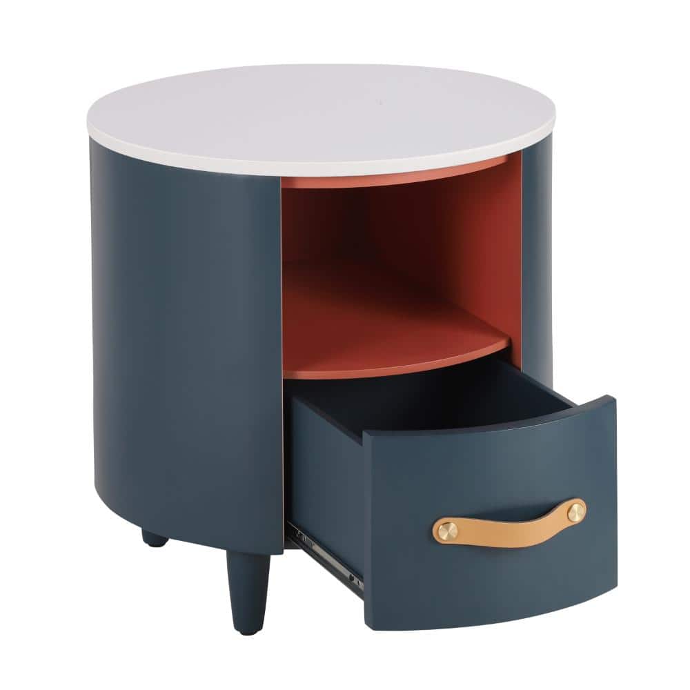 Blue round nightstand with a white top, open terracotta shelf, and an open drawer.
