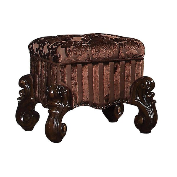 Benjara Cherry Oak 19.29 in. Height Brown Tufted Fabric Upholstered Wooden Vanity Stool with Scrolled Legs